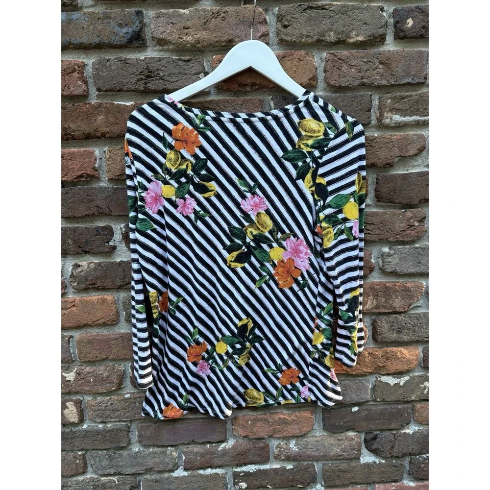 Investments Essentials Petites ‎ Size L  3/4 Sleeve Blouse Top lemons stripes